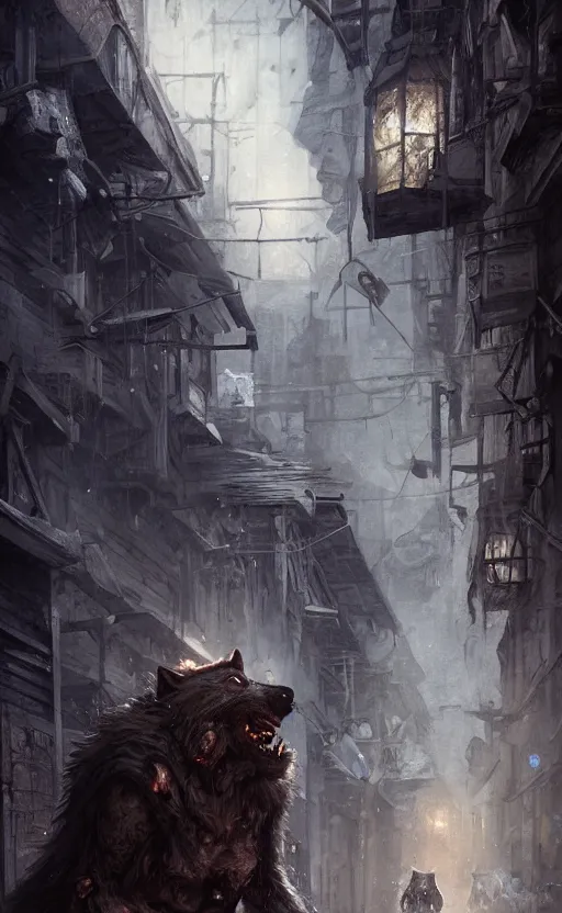 Image similar to hyperrealistic, Portrait of a werewolf in a dark alley, torn clothing, fantasy, urban, highly detailed, cinematic lighting, digital art painting by greg rutkowski