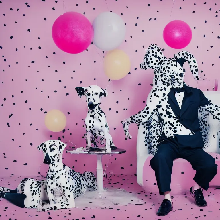 Image similar to vogue photoshoot octane render portrait of 1 0 1 dalmatian with white background, focus on an eccentric man in a bright colorful pastel wes anderson uniform and a latex mask inside a high - end exotic vintage boutique hotel lounge, very short depth of field, bokeh