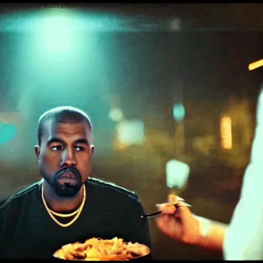 Image similar to blurry, gopro footage of kanye west eating at taco bell, cinematic, volumetric lighting, night, rain