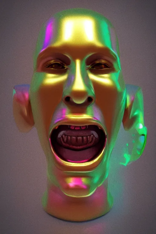 Image similar to 3d render of holographic angry human robotic screaming angry bust made of glossy iridescent, screaming, bust, surrealistic 3d illustration of a human non-binary, non binary model, 3d model human, cryengine, made of holographic texture, holographic material, holographic rainbow, concept of cyborg and artificial intelligence