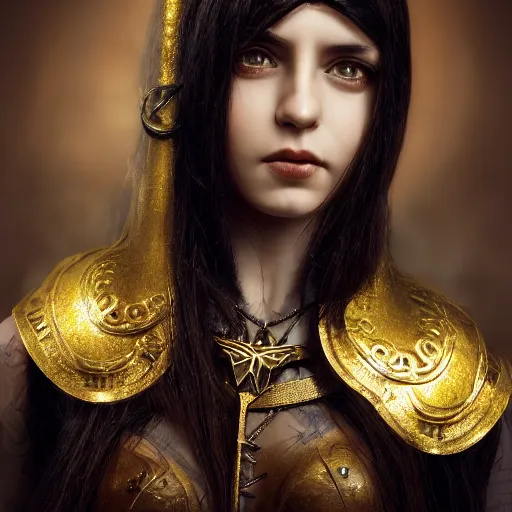 Prompt: beautiful female cleric with long black hair and a golden eye, focus on face, jewellery, piercings, fantasy, medieval, still, photograph, highly detailed, cinematic, romani descent, dramatic, dynamic lighting, award winning, masterpiece, trending on artstation