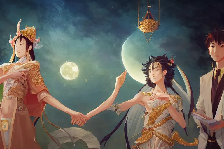 Image similar to close up moment of a divine a japan sun god and a moon goddess lovers magician at a wedding banquet, highly detailed, d & d, fantasy, 4 k realistic, digital painting, trending on artstation, concept art, sharp focus, illustration, art by makoto shinkai and akihiko yoshida and daniel gerhartz