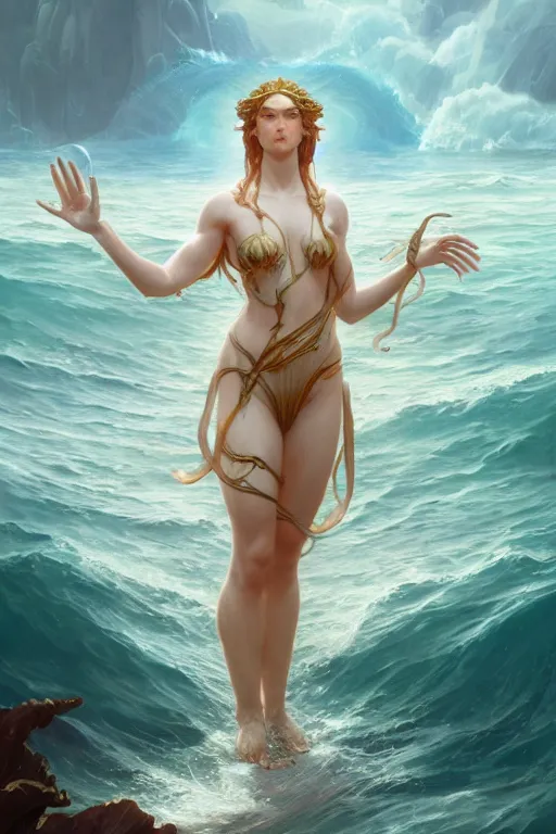 Image similar to goddess of the ocean, accurate anatomy, only two hands, highly detailed, digital painting, artstation, concept art, smooth, sharp focus, illustration, Unreal Engine 5, 8K, art by Ross Tran and greg rutkowski and alphonse Mucha