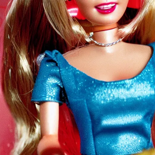 Image similar to laughing barbie doll, movie still