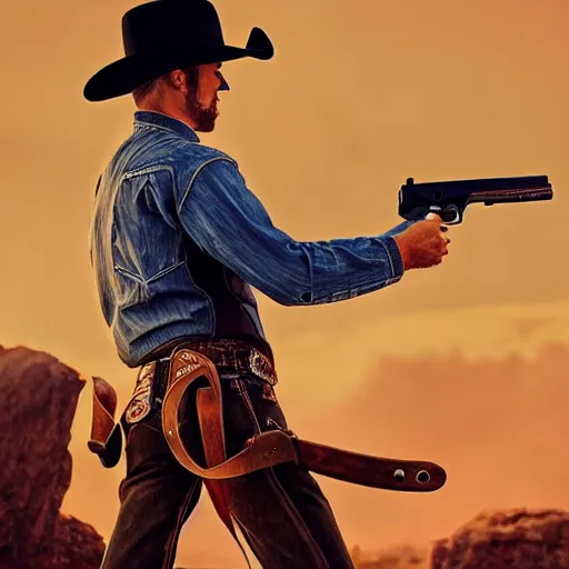 Image similar to a cowboy wearing a cowboy hat and shooting a revolver into the air. digital art. trending on artstation. amazing quality. great composition. perfect lighting. professional design. mind blowing detail. impressive colors. award winning art.