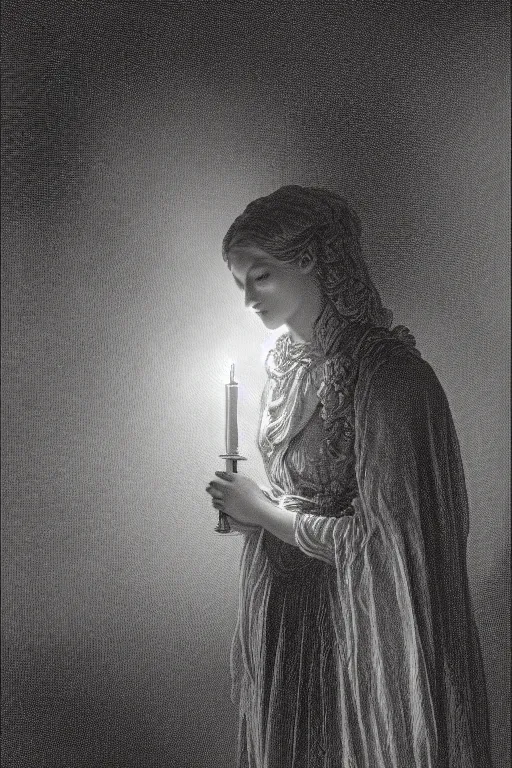 Prompt: baroque gothic woman lit by a single candle, gustave dore, 4 k resolution, concept art, mist, autumnal, chiaroscuro,