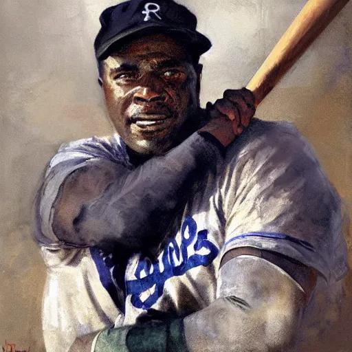 Image similar to portrait of jackie robinson, by jeremy mann, anders zorn, greg rutkowski.