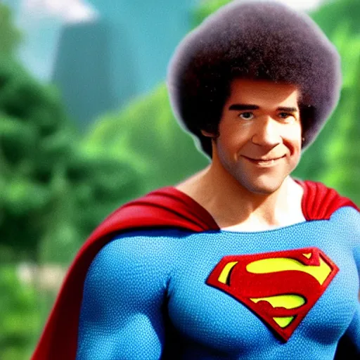 Image similar to a still of bob ross as superman, cinematic lighting. 4 k.