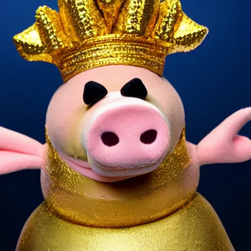 Image similar to pig wearing a gold crown depicted as a muppet holding box 8k