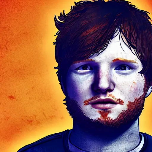 Image similar to ed sheeran portrait, borderlands, tales from the borderlands, the wolf among us, comic, cinematic lighting, studio quality, 8 k