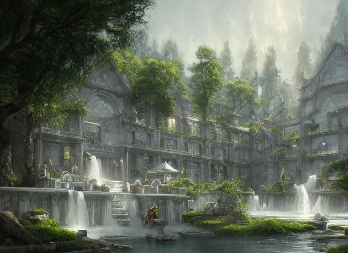 Image similar to A bathhouse with flowing water in a beautiful elven city made of white marble, anime, lush trees, fountain, a fantasy digital painting by Greg Rutkowski and James Gurney, trending on Artstation, highly detailed