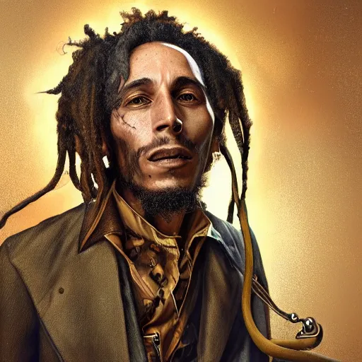 Image similar to steampunk portrait of bob marley, natural, hyper detailed, digital art, trending in artstation, cinematic lighting, studio quality, smooth render, unreal engine 5 rendered, octane rendered, art style by klimt and nixeu and ian sprigger and wlop and krenz cushart.