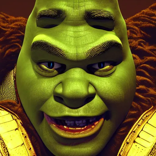 Image similar to photorealistic shrek in the style of michael whelan and gustave dore. hyperdetailed photorealism, 1 0 8 megapixels, fully clothed, lunar themed attire, amazing depth, glowing rich colors, powerful imagery, psychedelic overtones, 3 d finalrender, 3 d shading, cinematic lighting, face portrait, artstation concept art