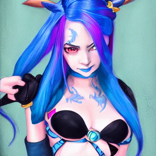 Prompt: a cartoon picture of a woman with blue hair jinx from league of legends, a detailed painting by yuumei, trending on pixiv, context art, detailed painting, pixiv, artstation hd