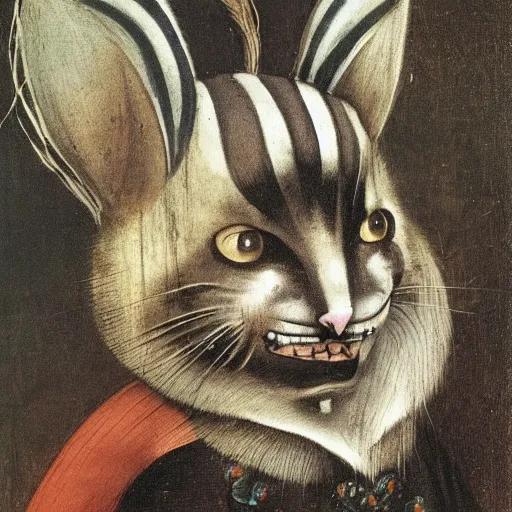 Image similar to stunning portrait of the purple striped cat of cheshire with a malicious smile by hieronymus bosch