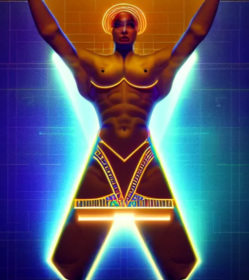 Image similar to symmetry!! egyptian god of technology, solid cube of light, hard edges, product render retro - futuristic poster scifi, lasers and neon circuits, brown skin handsome egyptian god, intricate, elegant, highly detailed, digital painting, artstation, concept art, smooth, sharp focus, illustration, dreamlike, art by artgerm