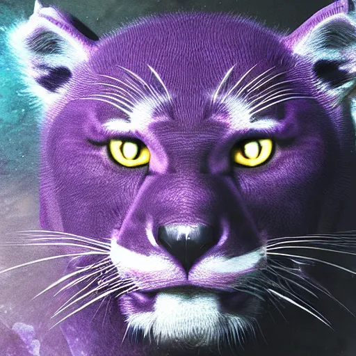 Image similar to closeup of a purple panther roaring at the moon. forest. night. large moon in the center. trending on artstation. cinematic. photoreal. dark colors.