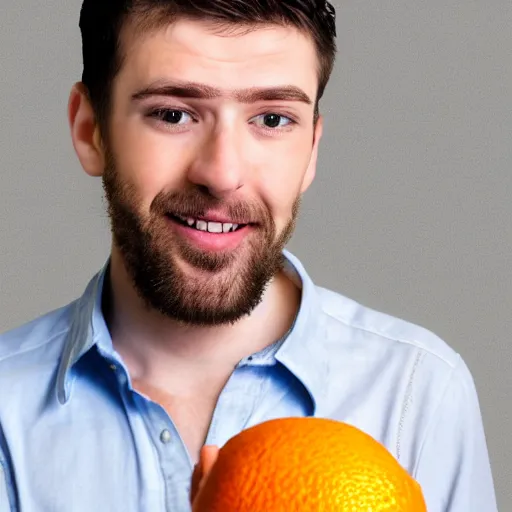 Prompt: extremely realistic photo of a man with an orange for a head