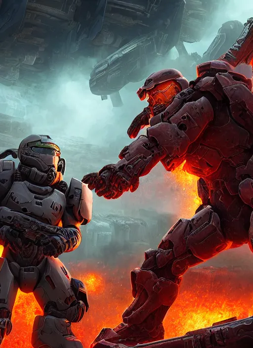 Image similar to epic battle!! doom slayer vs master chief by oleg bulakh