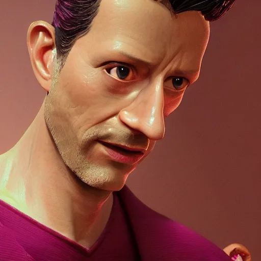 Image similar to wide shot, intricate hyper detailed ultra sharp, plum, plum shaped as face of jeff goldblum, material is!!! plum!!!, sharp focus, global illumination, oil painting, museum, masterpiece, vermeer, radiant light, alexandre ferra, irakli nadar, octane render, unreal engine, 4 k, ultra hd,