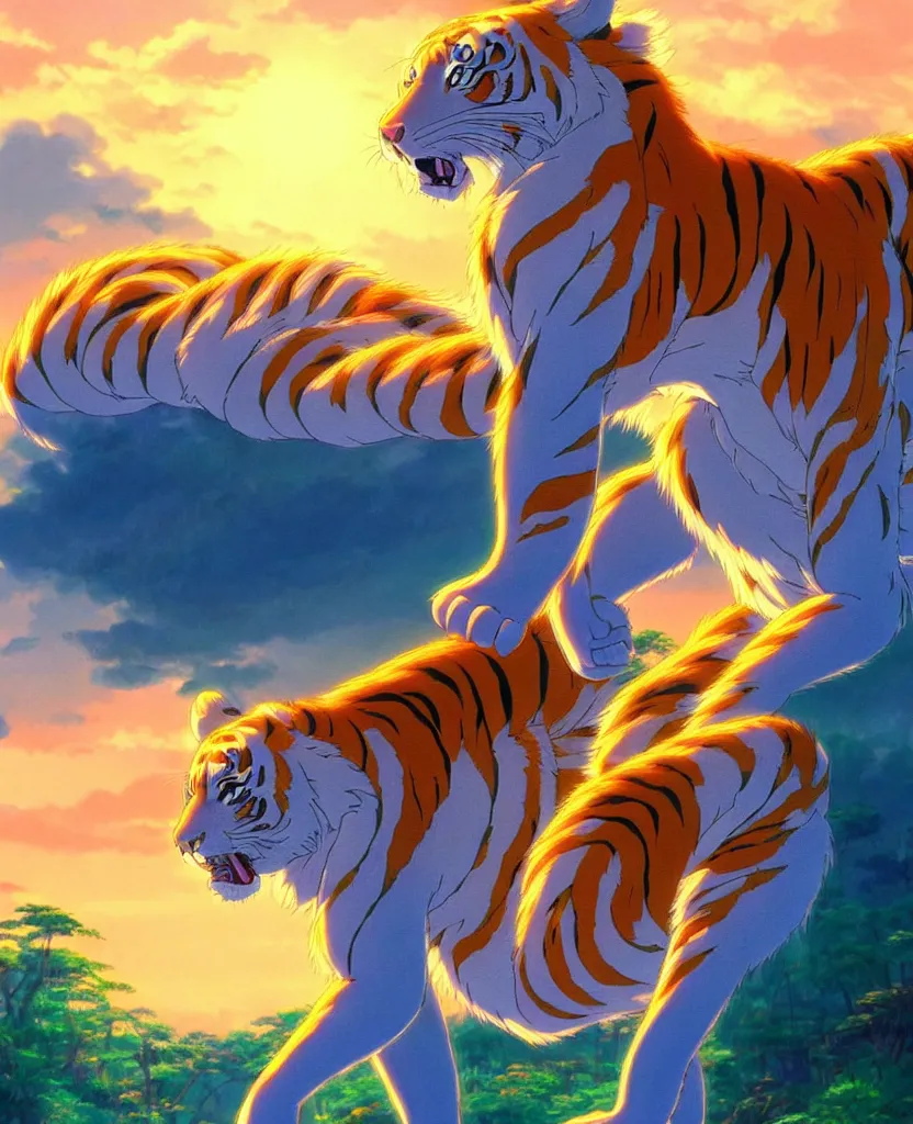 Prompt: beautiful painting from the anime film by studio ghibli blue neon anthropomorphic tiger human hybrid golden hour backlit