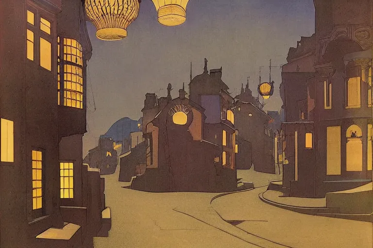 Image similar to winding street at midnight in a very old very beautiful city by George Price Boyce and Nicholas Roerich and Maxfield Parrish, glowing paper lanterns, strong dramatic cinematic lighting , ornate tiled architecture, lost civilizations, smooth, sharp focus, extremely detailed