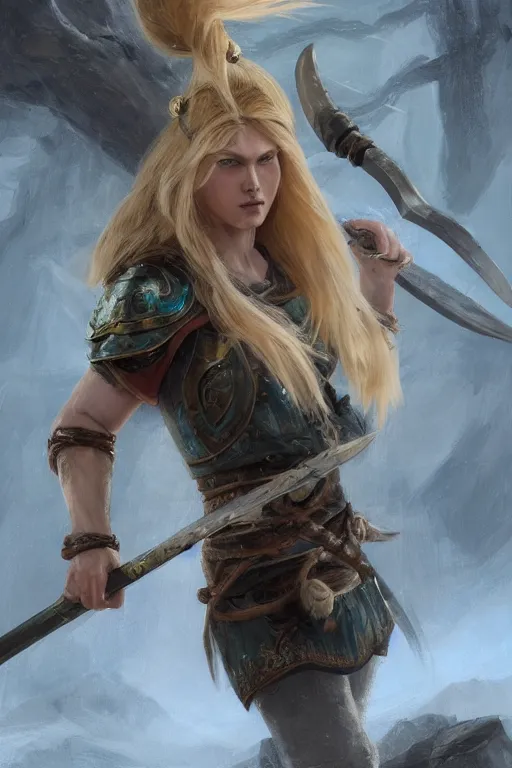 Prompt: ultra detailed powerful female viking, blond long hair, green eyes, axe un hand, battle ready, sharp bone structure, extremely detailed digital painting, in the style of fenghua zhong and ruan jia and jeremy lipking and peter mohrbacher, mystical colors, rim light, beautiful lighting, 8 k, stunning scene, raytracing, octane, trending on artstation