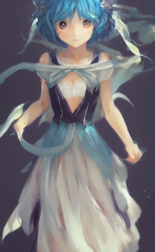 Image similar to A beautiful anime-style digital full-body portrait of Cirno, by Stanley Artgerm Lau, WLOP, Rossdraws, LeraPi, and Sakimichan, trending on ArtStation, deviantart, SFW version