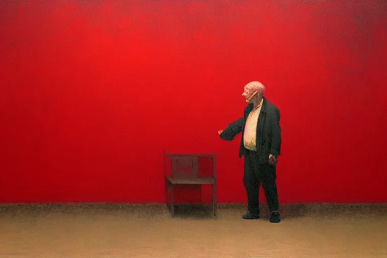 Image similar to only with red, a red old man try to sell a portrait, cheering crowd, in the style of beksinski, parts by edward hopper, parts by rodcenko, parts by yue minjun, intricate and epic composition, red by caravaggio, insanely quality, highly detailed, masterpiece, red light, artstation, 4 k
