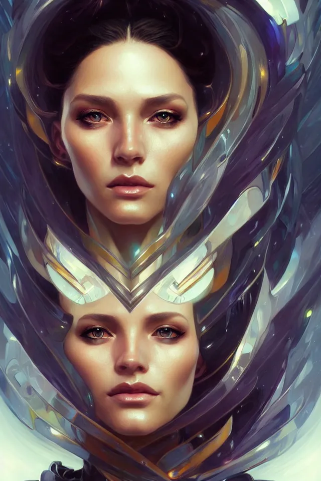 Image similar to futuristic woman portrait, sci-fi, amber eyes, face, long hair, fantasy, intricate, elegant, highly detailed, digital painting, artstation, concept art, smooth, sharp focus, illustration, art by artgerm and greg rutkowski and alphonse mucha