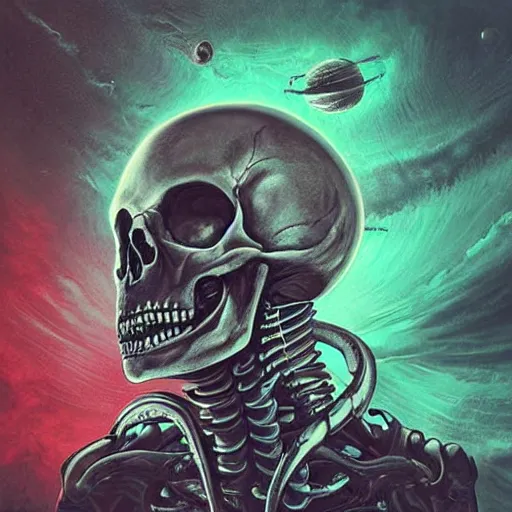 Image similar to alien skull and skeletons in darkness organic machine anatomy dark cosmic horror scifi cover style menacing scary uncanny eerie style heavy brushstrokes dramatix album cover red