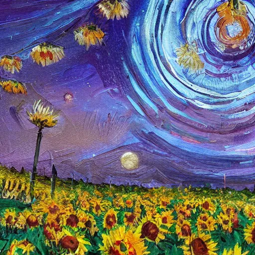 Prompt: A beautiful painting of A sea of sunflowers under the starry sky