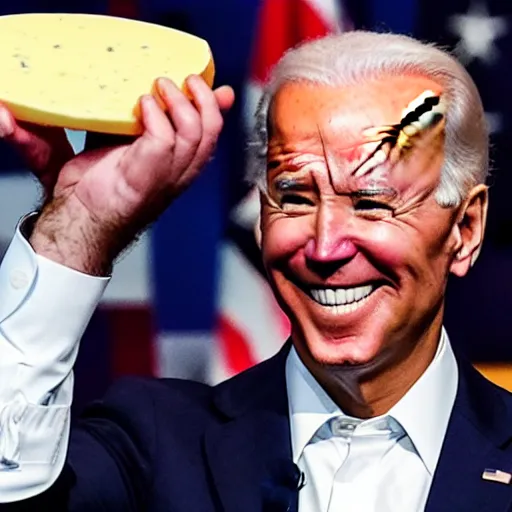 Image similar to Joe Biden proudly holding a prize winning piece of cheese