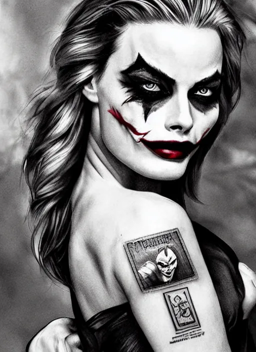 Image similar to tattoo design of beautiful margot robbie with joker makeup, holding an ace card, slight smile, in the style of den yakovlev, realistic face, black and white, realism tattoo, hyper realistic, highly detailed