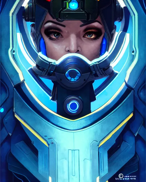 Image similar to echo from overwatch, blue hologram female face, character portrait, portrait, close up, concept art, intricate details, highly detailed, vintage sci - fi poster, retro future, in the style of chris foss, rodger dean, moebius, michael whelan, and gustave dore