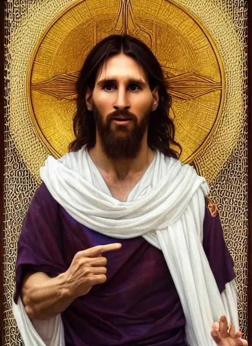 Image similar to portrait lionel messi as jesus, full length shot, shining, 8 k highly detailed, sharp focus, illustration, art by artgerm, mucha, bouguereau