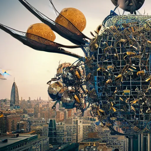 Image similar to giant mechanical wasps constructing a spherical city suspended in mid air