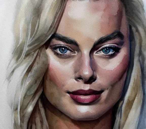 Prompt: A realistic portrait of margot robbie, watercolor art, highly detailed, trending on artstation