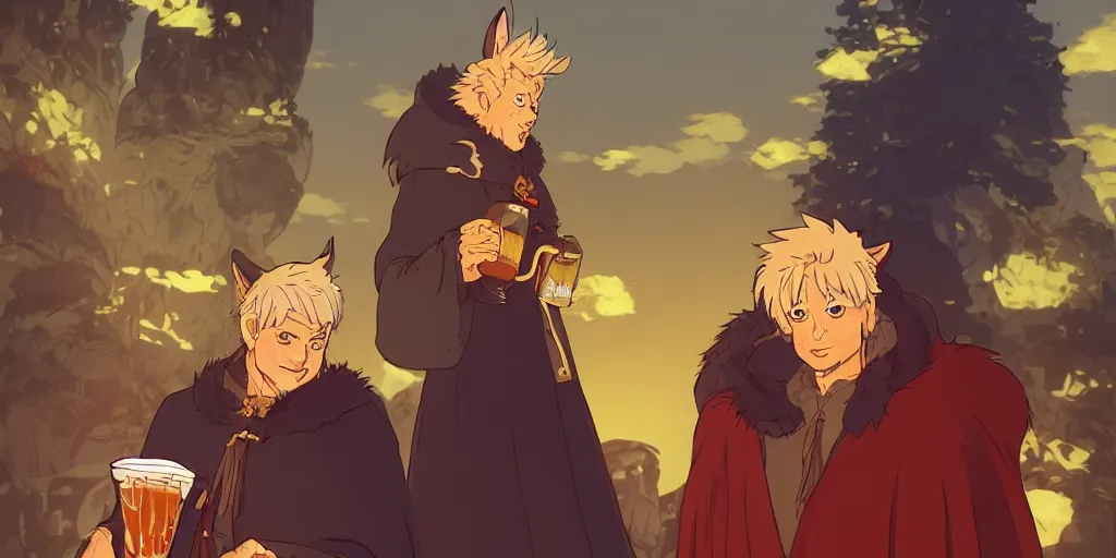 Image similar to a two german shepherds beast - men, holding a mug of beer, a lot of pockets, fur cape, tavern background, magical, bright, colorful, fantastic lighting, amazing details, 4 k uhd, illustration by hayao miyazaki and makoto shinkai and ilya kuvshinov, artstation, pixiv,