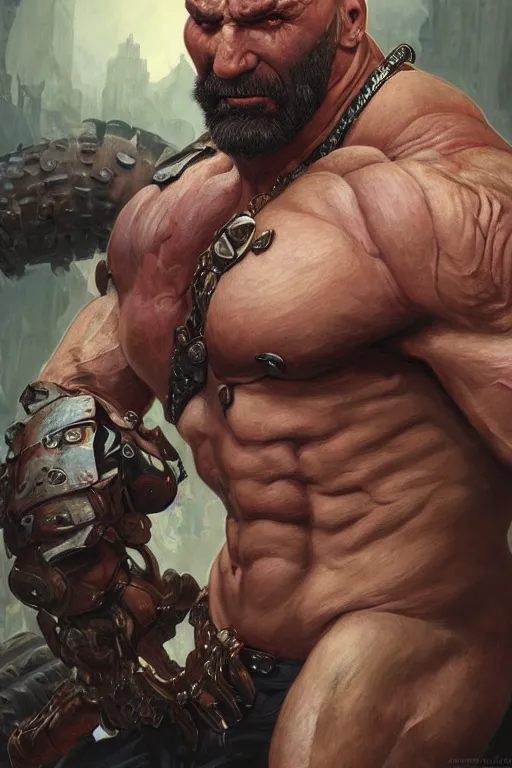 Image similar to ultra realistic illustration,, a hulking herculean dave bautista with leather armour, from doom and warhammer, intricate, elegant, highly detailed, digital painting, artstation, concept art, smooth, sharp focus, illustration, art by artgerm and greg rutkowski and alphonse mucha