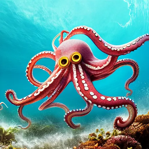 Image similar to A octopus in the ocean centered-photograph film still, dynamic action pose, National Geographic, insane detail, intricate, highly detailed, Zeiss Lens, DSLR photography, smooth, sharp focus, Unreal Engine 5, Octane Render, 85mm lens Redshift, depth of field 8K