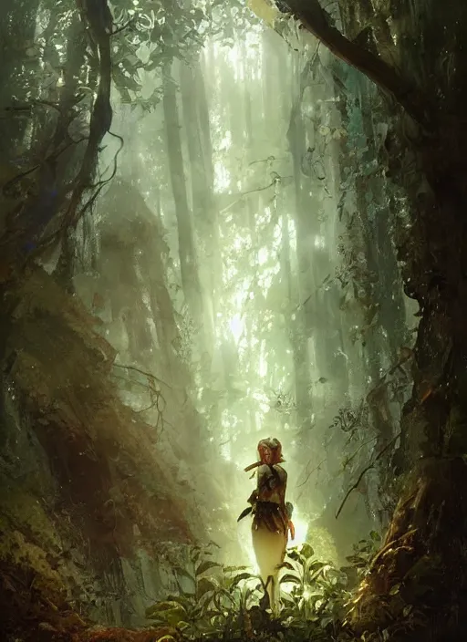 Image similar to female seductive forest legend of zelda queen of nature, beautiful face, rule of thirds, intricate outfit, backlit, by art germ, greg rutkowski, by jeremy mann, digital painting