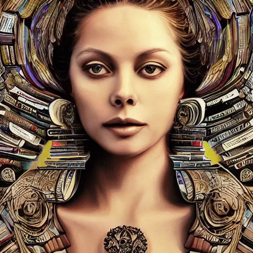 Image similar to a portrait of ornella muti as the goddess minerva surrounded by stacks of books, bioluminescent gown with deep level of detail of esoteric symbols, urban motifs, intricate, elegant, highly detailed, digital painting, trending on artstation, concept art, smooth sharp focus, illustration, art by artgerm and greg rutkowski