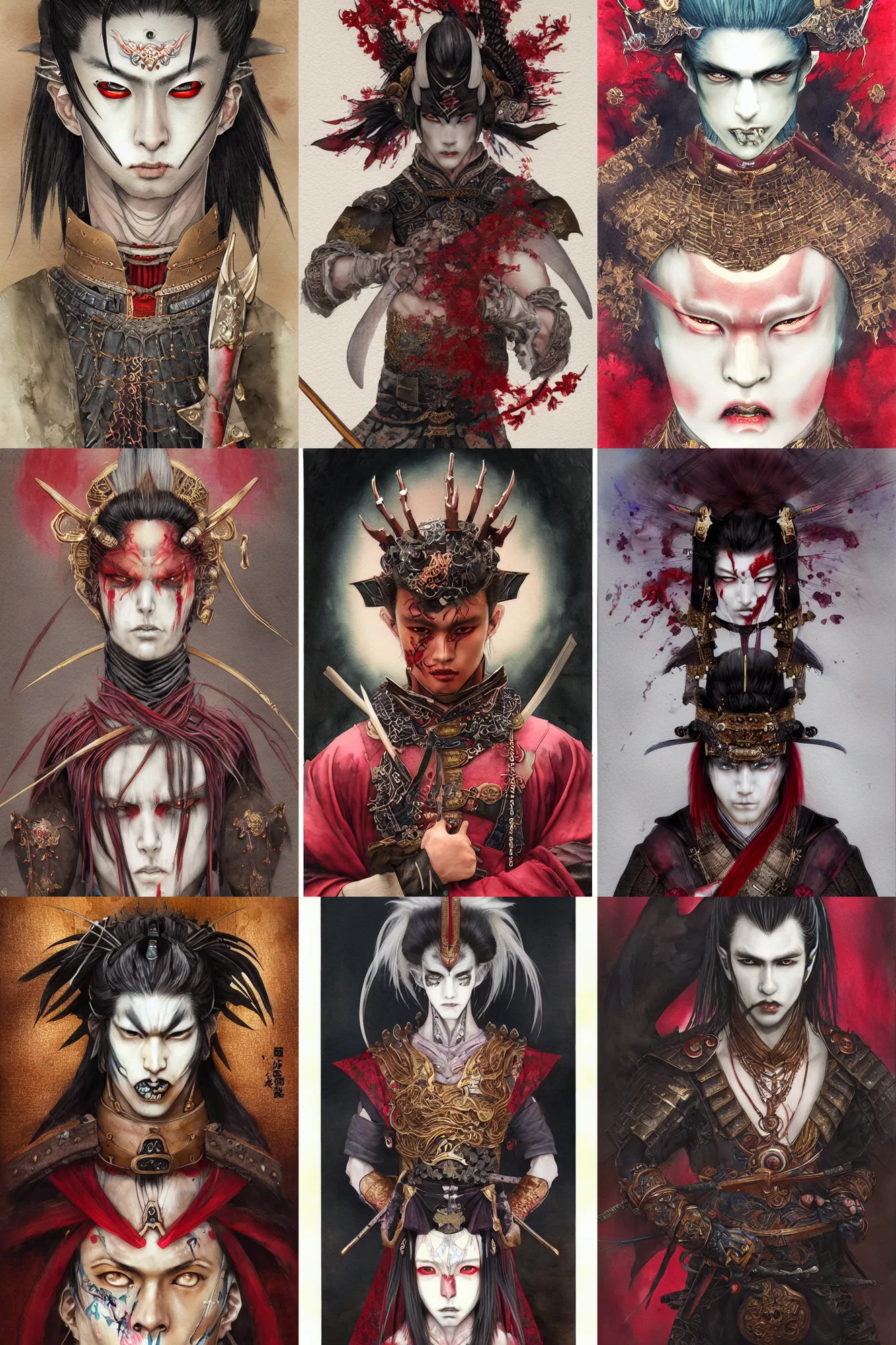 Prompt: watercolor painting of a male japanese bjd samurai warrior vampire wearing a mempo in the style of dark - fantasy painted by yoshitaka amano, tom bagshaw, ayami kojima, dmt art, symmetrical vogue face portrait, intricate detail, artstation, cgsociety, artgerm, rococo, sakura flowers, red, bronze