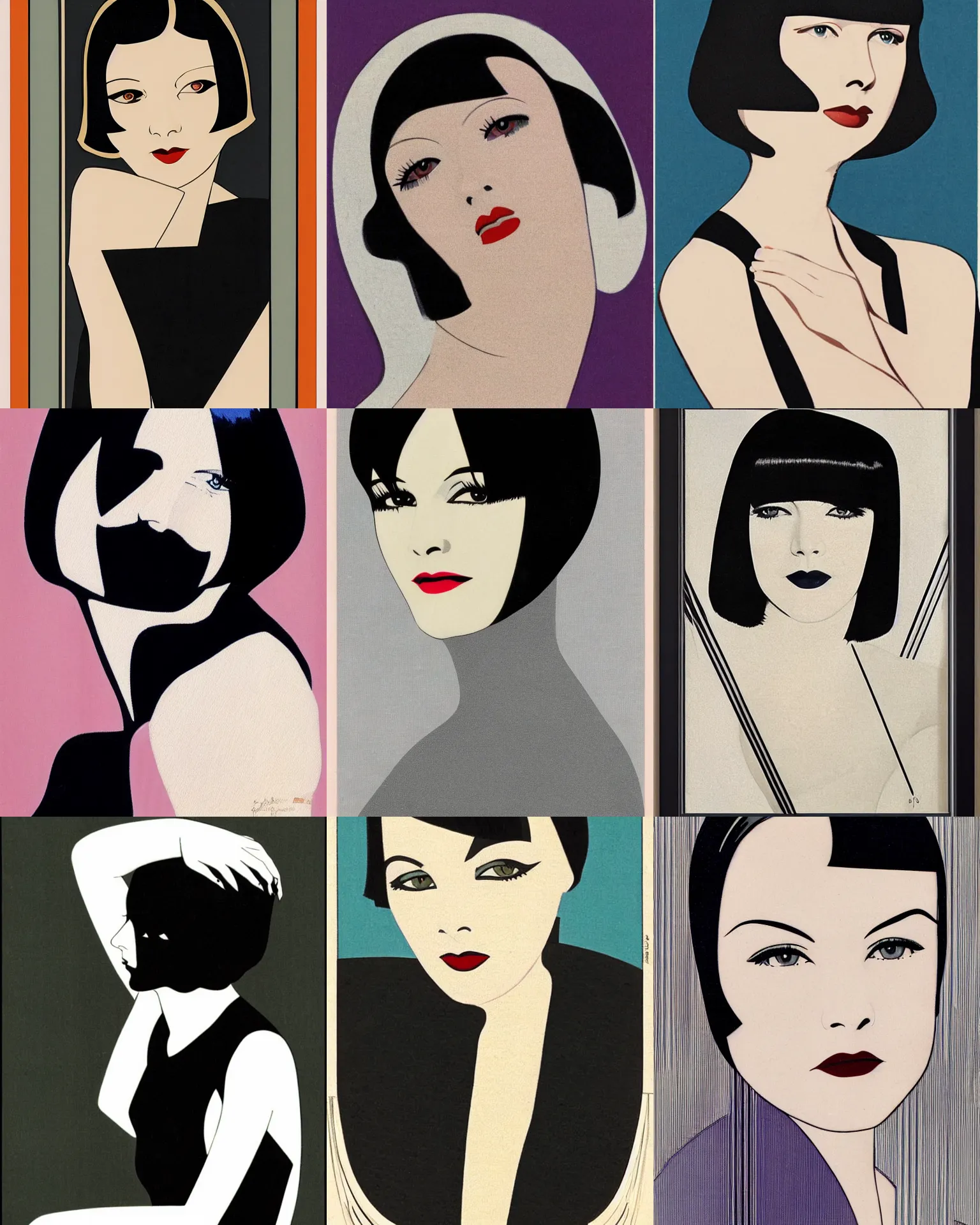 Prompt: Mary Louise Brooks 25 years old , bob haircut, portrait by Patrick Nagel, 1920s, straight lines, art deco staircase