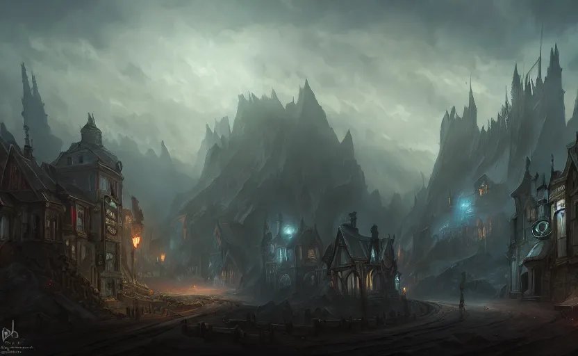 Prompt: extreme long shot concept art depicted old english majestic town, dramatic mood, overcast mood, dark fantasy environment, dieselpunk, art from legends of runeterra, art from league of legends, art from arcane, trending on artstation, unreal engine, golden ratio, spectacular composition