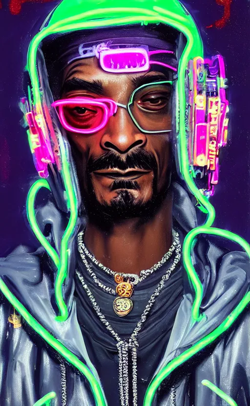 Image similar to detailed Snoop Dogg portrait Neon Operator, cyberpunk futuristic neon, reflective puffy coat, decorated with traditional Japanese ornaments by Ismail inceoglu dragan bibin hans thoma !dream detailed portrait Neon Operator Girl, cyberpunk futuristic neon, reflective puffy coat, decorated with traditional Japanese ornaments by Ismail inceoglu dragan bibin hans thoma greg rutkowski Alexandros Pyromallis Nekro Rene Maritte Illustrated, Perfect face, fine details, realistic shaded, fine-face, pretty face