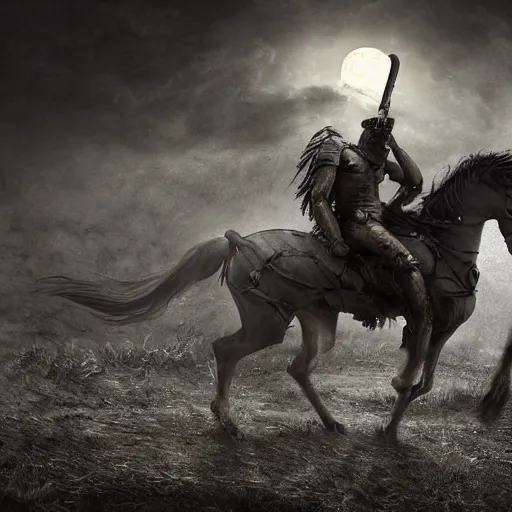 Image similar to a haunting Digital art of a tired spartan soldier riding a skeleton horse on the battlefield in the style of photo-realistic , acrylic, bleak, moonlight, detailed, dark, ominous, threatening, haunting, forbidding, gloomy,stormy, doom, apocalyptic,sinister, shadowy, ghostly,unnerving, harrowing, dreadful ,frightful, shocking, terror, hideous, ghastly, terrifying