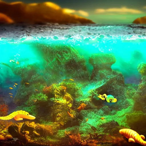 Prompt: professional underwater beach photo similar to level of donkey kong country, by discovery magazine, real life, photorealistic, soft focus, long exposure