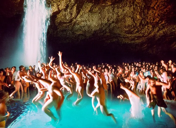 Prompt: people dancing under a waterfall highly detailed sharp zeiss lens 3 5 mm kodachrome film masterpiece ryan mcginley moonmilk cave with blue ambient lighting